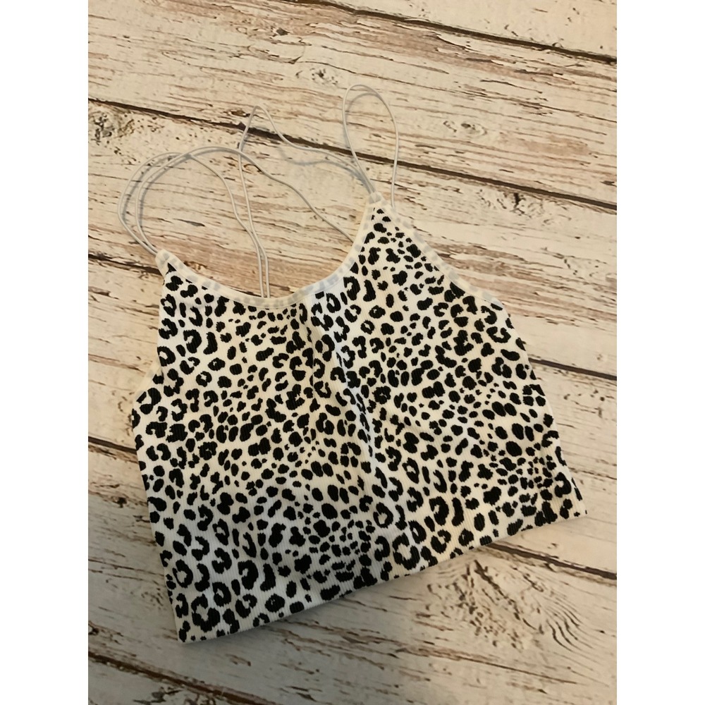 No Boundaries Leopard Print Cropped Cami Top Black White Spaghetti Strap Small